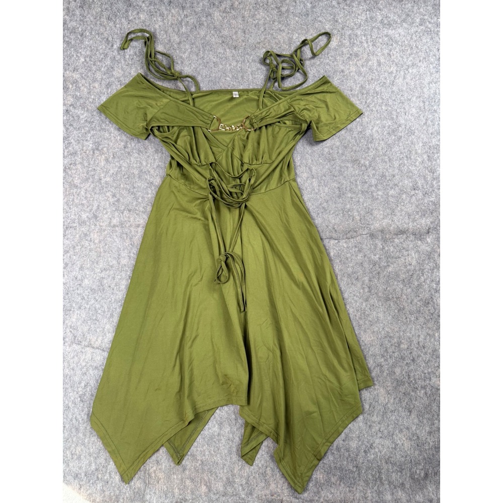 Dressfo Dress Women XL Green Jersey Cold Shoulder Handkerchief Hem Boho Festival